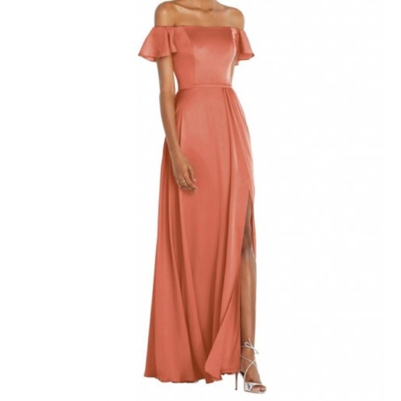 NWT Social Bridesmaids 8227 Hunter green off shoulder ruffle gown whisper satin - Picture 3 of 10